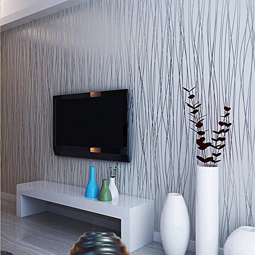 KeTian Modern Fashion Classic Flocking Plain Stripe Curve Vliestapete Wandpapier für Wohnzimmer Schlafzimmer Tapetenrolle 0.53 m (1.33 'W) x 10 m (32.8' L) = 5.3 m² (57 sq.ft) (silbernes Grau) von KeTian