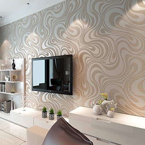KeTian Moderne Luxus-3D-Tapete, abstrakte Kurven, Vlies-Beflockungsstreifen für Wohnzimmer/Schlafzimmer, Tapetenrolle, 0,7 m x 8,4 m (27,56 Zoll) = 5,88 m² (Creme, Silber, Grau) von KeTian
