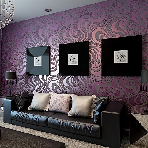 KeTian Moderne Wandtapete abstrakte 3D-Kurven, Vlies-Beflockungs-Streifen, für Wohnzimmer und Schlafzimmer, Tapetenrolle violett, 0.7m (2.29' W)x8.4m(27.56' L)=5.88m2 (63.11sq.ft) von KeTian