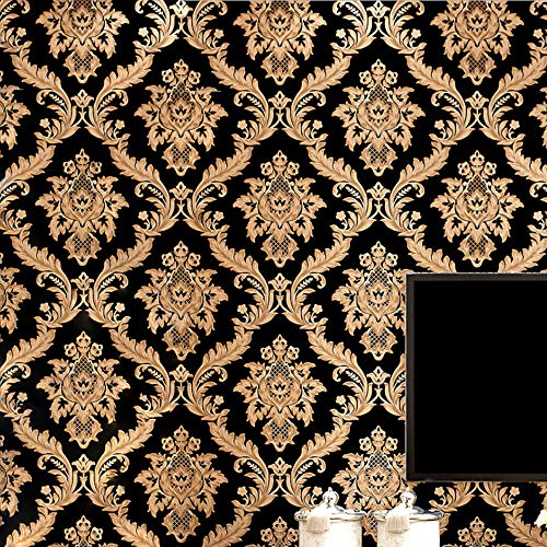 KeTian Vliestapete, Damast im europäischen Stil, Schwarz-goldene Farbe mit Gold-Streu-Effekt für Wohnzimmer, Schlafzimmer, TV-Hintergrund-Tapete 0,53 m x 10 m = 5,3 m2 von KeTian