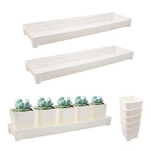 KeaJuidy 3 Stück Rechteckige Pflanzenuntersetzer aus Kunststoff mit 10 Stück Pflanztöpfe Blumentopf Untersetzer für Innen- und AußEnbereich 41x11,5x4 cm von KeaJuidy