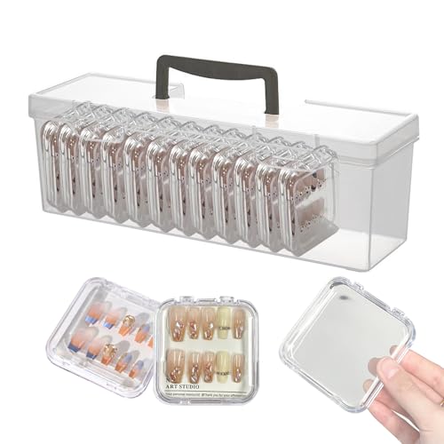 KeaJuidy Tragebox für Press-On-Nägel mit 16 Durchsichtige Aufbewahrungsbox für Nagelspitzen Verpackungsboxen aus Kunststoff mit Doppelseitigem Klebeband von KeaJuidy