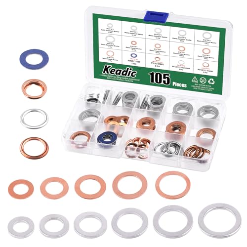 Keadic 105Pcs Ölablassschraube Dichtungen Unterlegscheiben Sortiment Set, 90430-12031, 11026-01M02, N0138157 Öl Quetschscheiben Dichtungen Kit für Automotive von Keadic