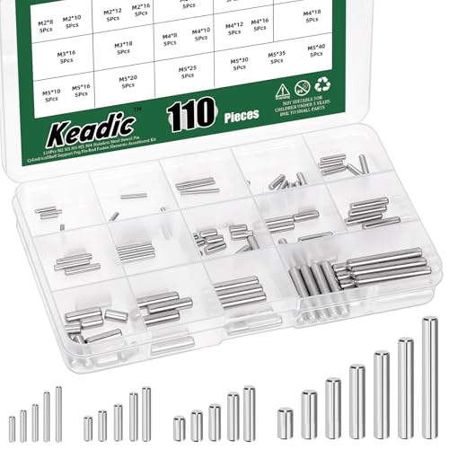 Keadic 110 Stück 22 Größen Metall Dowel Pins M2 M3 M4 M5 Zylindrische Regalstütze Peg Pin,304 Stainless Steel Dowel Pin für Bücherregale Schrank Befestigungskomponentenposition, Silber von Keadic