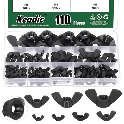 Keadic 110Pcs Nylon Metrische Flügelmuttern Sortiment Set, M3 M4 M5 M6 M8 M10 M12 Hand Twist Festziehen Ohr Schmetterling Mutter Flügelmuttern für Home Building Industry (Black) von Keadic