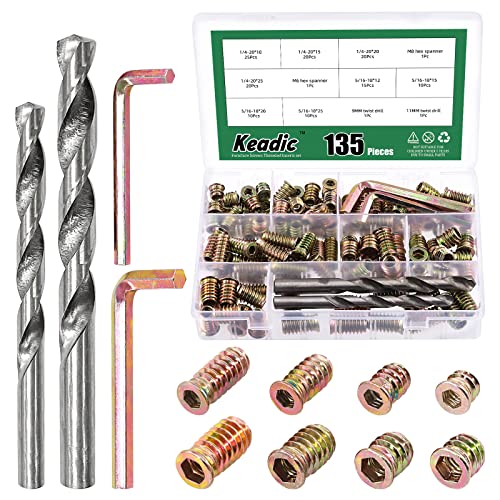 Keadic 135 Stück 1/4-Zoll-20 5/16-Zoll-18 Muttereinsätze-Set mit 9/11 mm Spiralbohrer & M6/8 Innensechskant-Werkzeug, Möbelschraube in Mutter, Gewinde, Holzeinsatz, Bolzen-Verbindungsstück Für Möbel von Keadic
