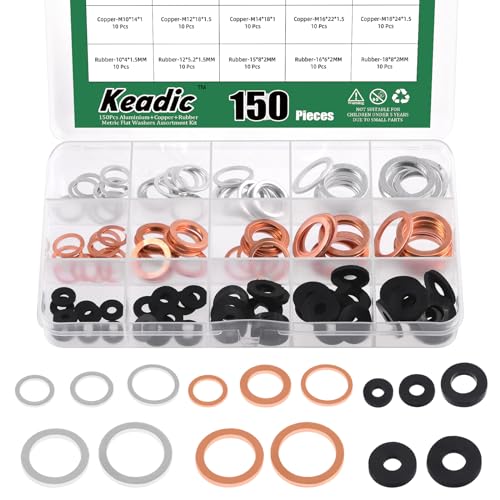 Keadic 150Pcs 15 Größen metrische Ölablassschraube Crush Unterlegscheibe Sortiment Set, Kupfer & Gummi & Aluminium Flachdichtung Dichtung für Autos Track und Motorrad, M10 M12 M14 M16 M18 von Keadic