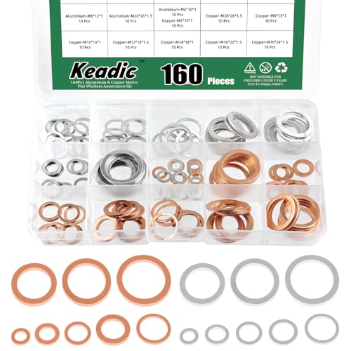 Keadic 160Pcs 16 Sizes Oil Drain Plug Crush Washer Assortment Set, Copper & Aluminum Flat Gasket Seal for Cars Track and Motorcycle, M6 M8 M10 M12 M14 M16 M18 M20 von Keadic