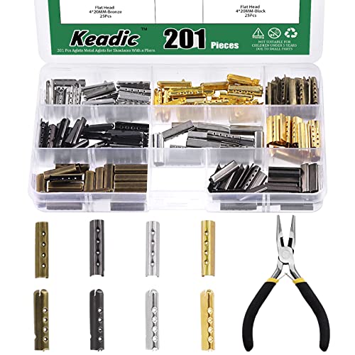 Keadic 201 Stück Metall-Schnürsenkelspitzen, flache und runde Kopf-Set mit Spitzzange, 4 Löcher, kugelförmige Aglet-Spitzen, Schuhschnürsenkel, Leinen-Kapuzenpullover, Hosen-Reparatur (6 Farben) von Keadic