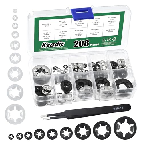 Keadic 208Pcs M2 M2.5 M3 M4 M5 M6 M8 M10 M12 Innenzahn Unterlegscheiben Sortiment Set, 304 Edelstahl und 65Mn Stahl Halteklammern Befestigungselemente für Automotive von Keadic