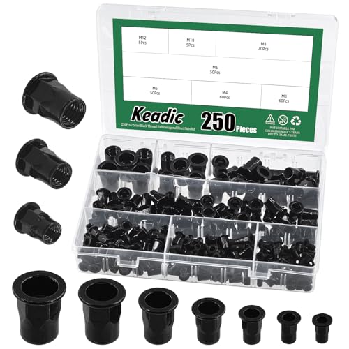 Keadic 250Pcs M3 M4 M5 M6 M8 M10 M12 Nietmutter Sortiment Set, Kohlenstoffstahl verzinkt Flachkopf Gewindeeinsatz Mutter Gewinde halbe sechseckige Nietmutter Muttert Befestigungen für Bau Industrie von Keadic