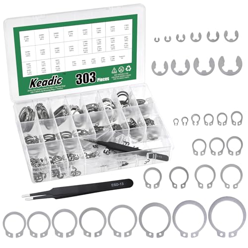 Keadic 303Pcs 21 Größen [M4-M28] C-Clip Externe Sicherungsringe Sprengringe Sortiment Kit & 10 Größen [1.5mm-10mm] E-Clip Sicherungsring Sortiment Set für gerillte Wellen Stifte Bolzen (304 Edelstahl) von Keadic