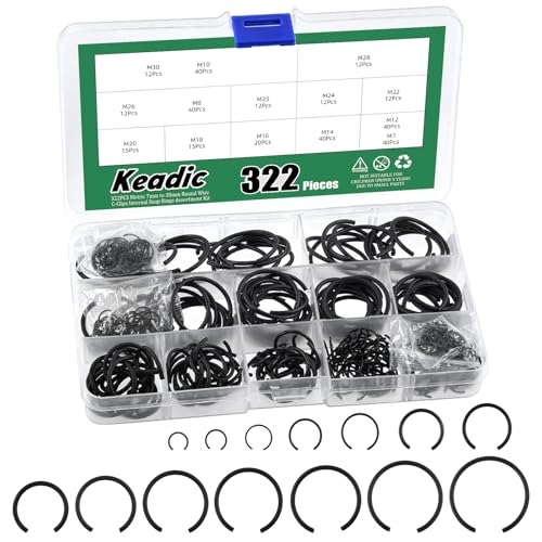 Keadic 322Pcs 10 Größen Sortiert 65Mn Stahl Runddraht C-Clips Externe Sicherungsringe Set, M7 M8 M10 M12 M14 M16 M18 M20 M22 M24 M25 M26 M28 M30 C-Clips Sprengringe für Löcher von Keadic
