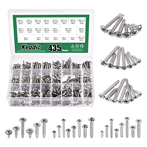 Keadic 325 Stück 304 Edelstahl #6#8#10 Selbstschneidende Schrauben Sortiment Set enthält Rundkopf & Kreuzschlitz Flachkopf & Waffelkopf Selbstbohrende Schraube Blechschrauben von Keadic