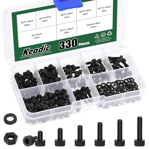 Keadic 330Pcs M3 Nylon Hex Bolzen, Hexagon Sockel Head Cap Schraube Kunststoff Pan Runde Kopf Schrauben Bolzen und Muttern, Nylon Hex Bolzen Mutter Washer Kit für Industrie, Schwarz von Keadic