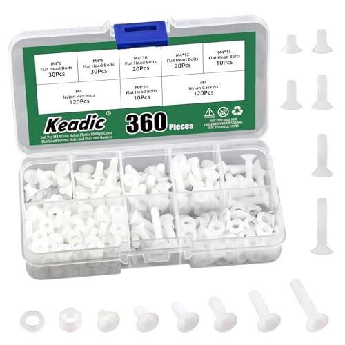 Keadic 360Pcs M4 White Nylon Countersunk Machine Screws, Nylon Flat Head Machine Screws Metric Bolts Washers Nuts Kit Metric Thread Countersunk Round Head Bolt Assortment Set for Machinery von Keadic