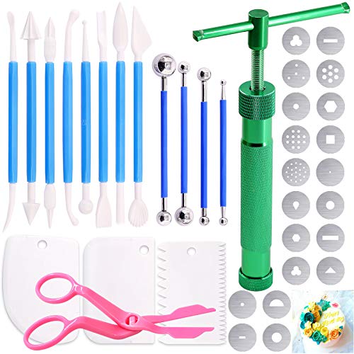 Keadic 37 Stück Grüner Ton Fondant Extruder Kuchen Dekoration Zubehör Zucker Modellierwerkzeug Set, Ton Extruder Pistole mit 20 Spitzen Zucker Extruder Scheiben & Ball Stylus Dotting Tool von Keadic