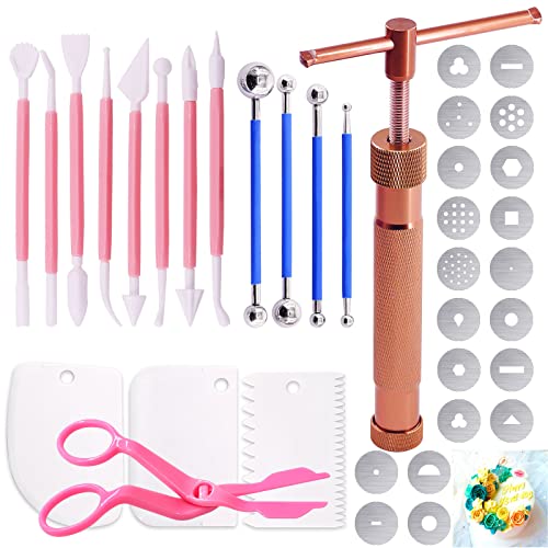 Keadic 37-teiliges rotgoldenes Ton-Extruder-Set für Fondant-Extruder, Kuchendekoration, Ton-Extruder-Pistole mit 20 Spitzen, Zuckerextruder-Scheiben und Kugelstift-Punktierwerkzeug von Keadic