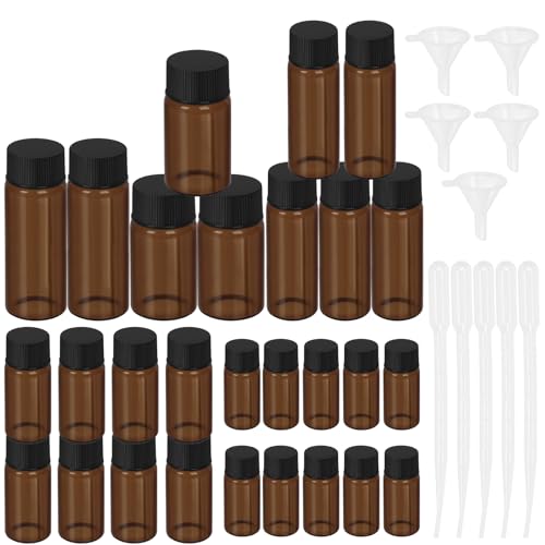 Keadic 38Pcs Probe Glasflaschen Fläschchen mit Schraubverschluss Sortiment Set W Dropper und Trichter, 5/10/15/20/30ML Flüssigkeit nachfüllbar Container für kosmetische Dispense, Labor (Braun) von Keadic