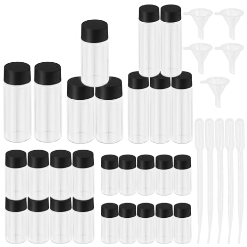 Keadic 38Pcs Probe Glasflaschen Fläschchen mit Schraubverschluss Sortiment Set W Dropper und Trichter, 5/10/15/20/30ML Flüssigkeit nachfüllbar Container für kosmetische Dispense, Labor (Klar) von Keadic