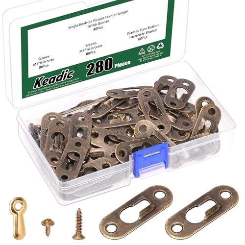 Keadic 40 Stück Einzel Schlüsselloch Bilderrahmen Aufhänger mit 160 Stück Schrauben und 80 Haken, M Single Keyhole Picture Hanger 45 x 16 MM für Spiegelrahmen Schrank (Bronze) von Keadic