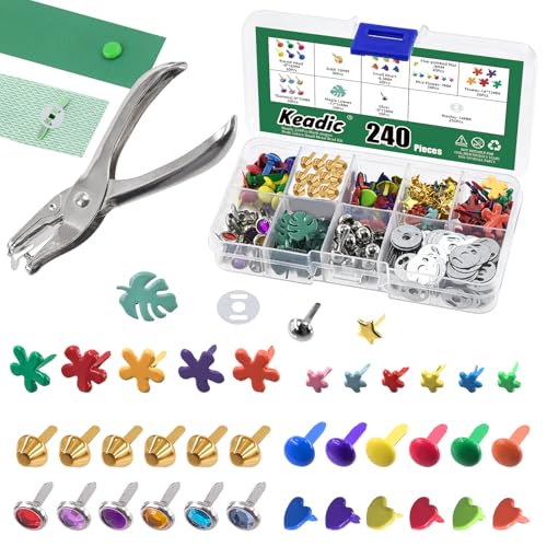 Keadic 491Pcs Metall Papier Befestigungen Brads und Single Hole Metall Punch Zangen Sortiment Set, Multi Color Mini Split Pins Pastell Brads mit Unterlegscheiben für die Herstellung Scrapbooking DIY S von Keadic