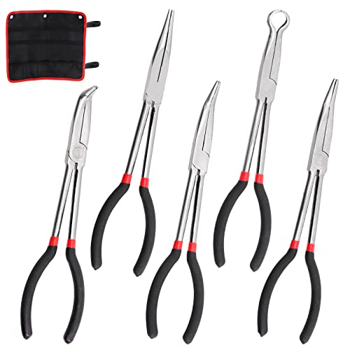 Keadic 5 Pcs 11" lange Spitzzangen-Set,Präzisions-Spitzzangen-Sortiment, 27,9 cm, O-förmige Spitzzange, Reparaturwerkzeug – gerade, 25, 45, 90-Grad-Winkel, Kreiszange, perfekt für Karosserie von Keadic