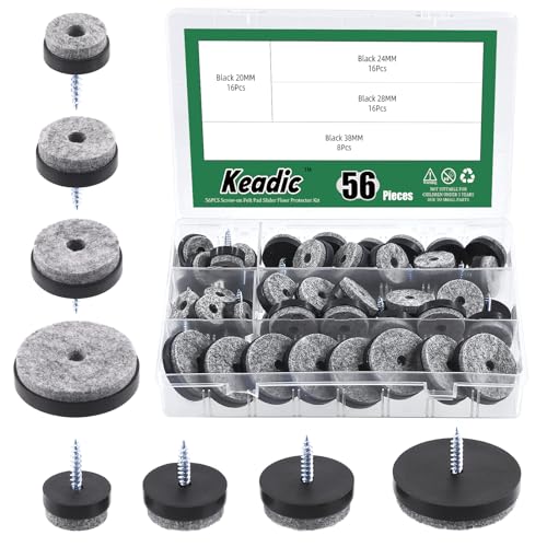 Keadic 56Pcs Screw-on Möbel Filz Pads Sortiment Set enthält 1-1/2", 1-1/8", 1", 4/5" Round Slider Glide Floor Protector für Holzmöbel Stuhl Tische Bein Füße (Schwarz) von Keadic