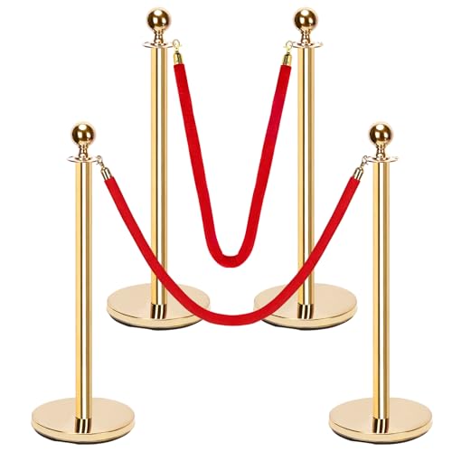 Keadic 4 Stück Edelstahl Absperrpfosten Seil Abgrenzungsständer Kugelkopf Rote Samtseile Goldene Säule Crowd Control Barriers Abgrenzungsständer Absperrpfosten,Sand Injektion Hohle Basis (Gold) von Keadic