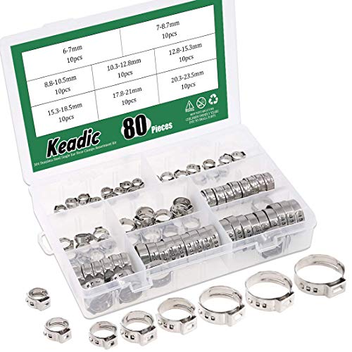 Keadic 80 Stück 1/4 Zoll - 15/16 Zoll 304 Edelstahl Einzelohr-Schlauchschellen Clips Pex Pinch Clamp Sortiment Kit für verschiedene Schläuche Kunststoffrohre von Keadic