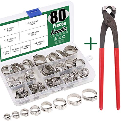 Keadic Pex Schlauchschellen, 6–23,5 mm, 304 Edelstahl, Einohr-Schlauchklemmen, Sortiment, Set mit Ohrklemmenzange zur Sicherung von Rohrschläuchen und Automobilgebrauch, 80 Stück von Keadic