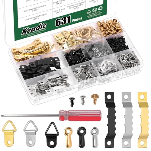 Keadic 631 Stück Bilderrahmen Aufhänger Sortiment Kits,Picture Hanging Assortment Kits, Einschließlich Sägezahn Fotorahmen Halter, D Ring Bilderrahmen Aufhänger, (Gold / Silber / Schwarz) von Keadic