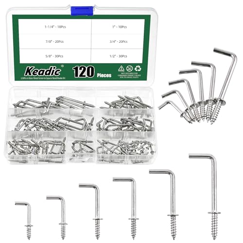 Keadic Screw-in Square Bend Hooks Kit,120 Stück Silber Messing Plated Metall Schraub-in Quadrat Biegen Haken Kit, Quadrat Biegen Haken Selbstschrauben, L Typ Fotorahmen Rechtwinkel(6 Größen) von Keadic