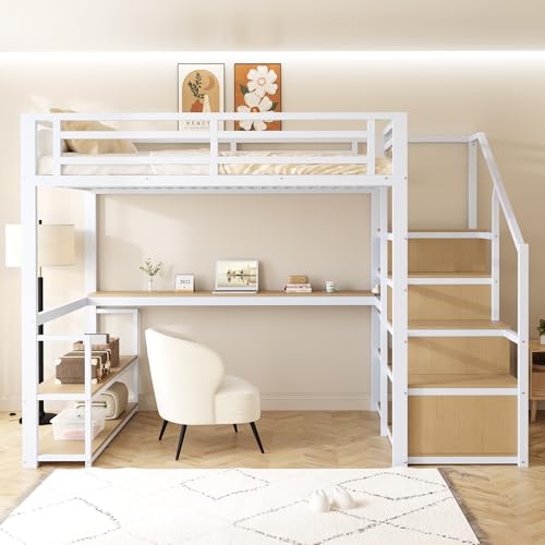 140*200 Metall-Hochbett mit Aufbewahrungsleiter mit Regalen und Tisch, Sicherheitszaun-Design mit gespleißten Metallplanken, Hohes Eisenrahmenbett mit Metallrahmen für stabile Unterstützung (Weiß) von Kebnor