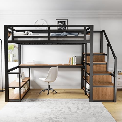 140*200 Metall-Hochbett mit Aufbewahrungsleiter mit Regalen und Tisch, Sicherheitszaun-Design mit gespleißten Metallplanken, Hohes Eisenrahmenbett mit Metallrahmen für stabile Unterstützung (Schwarz) von Kebnor