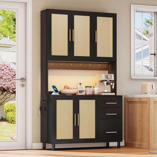 183cm Küchenanrichte, Buffet, App-gesteuerte LED-Deko-Lichter, 2 x USB, 2 x Steckdosen, verstellbare Einlegeböden, 3 Schubladen, goldene Metallgriffe, ideal für Küchen und Esszimmer. (Schwarz) von Kebnor
