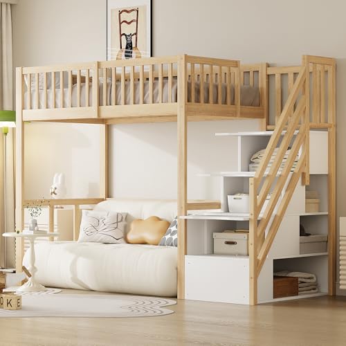 90 * 200cm Hochbett mit Sicherheits-Aufbewahrungsleiter, Bettgestell aus massivem Kiefernholz für Kinder und Jugendliche (Holzfarbe+Weiß) von Kebnor