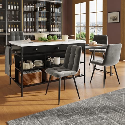 Bartisch mit Barhocker Set,Modernes Kücheninsel mit Vier Stühlen,Multifunktionales Esszimmer-Set, Regale, Lagerschränke, für Küche, Esszimmer oder Wohnzimmer,Grauer Stuhl von Kebnor