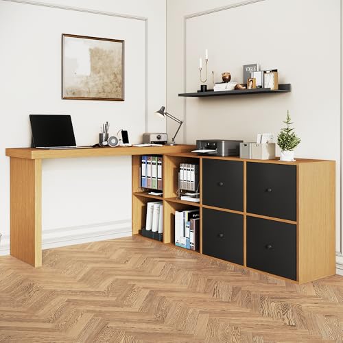 Ecktisch, Tischplatte 360° schwenkbar - L-förmig oder gerade aufstellbar, MDF, Tischplatte und Beine 4 cm verstärkt, mit 4 Fächern,Schubladen, Schreibtisch, Computertisch (Schwarz+Eiche) von Kebnor