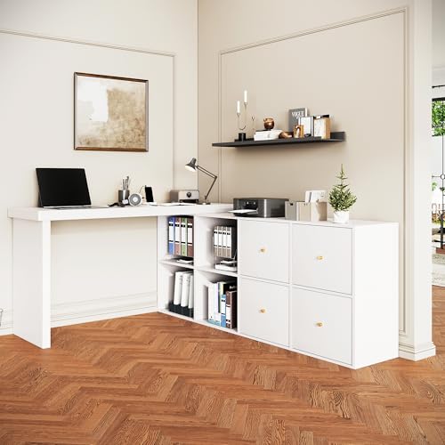 Ecktisch, Tischplatte 360° schwenkbar - L-förmig oder gerade aufstellbar, MDF, Tischplatte und Beine 4 cm verstärkt, mit 4 Fächern,Schubladen, Schreibtisch, Computertisch (weiß) von Kebnor