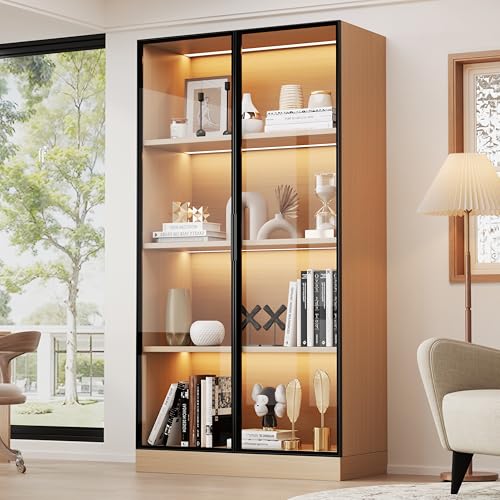 Eichenoptik 70×40×160 cm – LED-beleuchtete Holzvitrine mit Türen aus gehärtetem Glas und LED-Beleuchtung unter jedem Regal – Vitrinen, Bücherregale, Weinschränke, Badezimmerschränke (Glasvitrine) von Kebnor