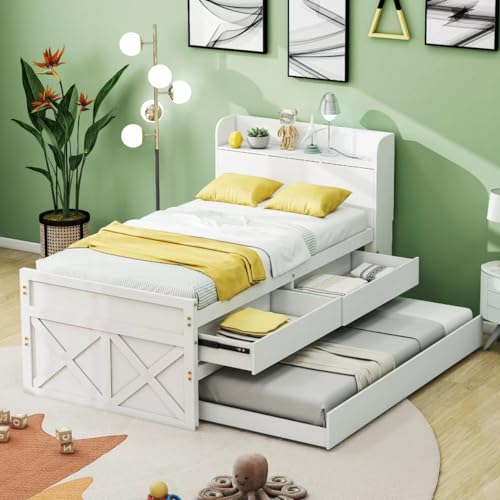 Einzelbett Massivholzbett Kiefer 90x190 Multifunktionales mit ausziehbarer Schublade Lattenrost, Nachttisch mit Ablagen mit USB-Buchse Jugendbett Gästebett (Weiß) von Kebnor