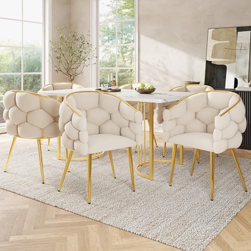 Esstisch-Set, 140 x 80 cm Esstisch mit 6 Stühlen, modernes Esstisch-Set für die Küche, Esszimmerstühle mit goldenen Metallbeinen, moderner Esstisch mit Marmormuster und goldenen Beinen ((7-teilig)) von Kebnor