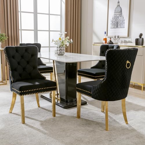 Esszimmerstuhl (Küchenstuhl Wohnzimmerstuhl mit einzigartigem Runde Zugringe auf der Rückseite), Polsterstuhl mit Nagelkopfbesatz,Stützbeine aus vergoldetem Edelstahl, Samt (Schwarz/Gold 4 Sts) von Kebnor