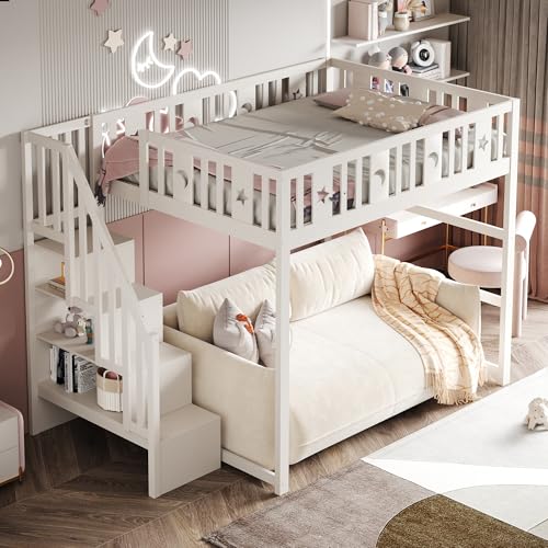 Etagenbett für Kinder mit Treppe,Hochbett aus Massivholz mit Sicherheitsgeländer, Stern- und Monddekoration.Weiß (140 * 200cm) von Kebnor