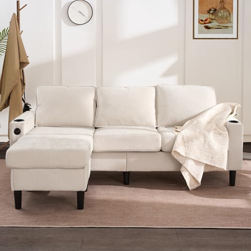 Gepolstertes Sofa und Couch mit USB- und Typ-C-Anschlüssen, 3-Sitzer-Sofa mit Zwei Getränkehaltern für Wohnzimmer, Wohnung, Lounge und Schlafzimmer – L-förmiges Schlafsofa, Leinen (Beige) von Kebnor