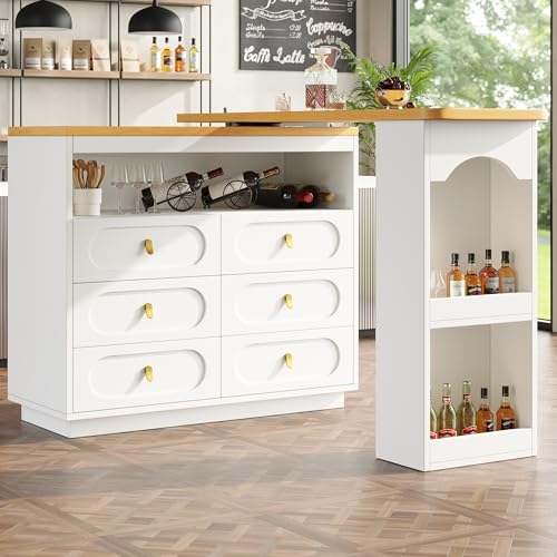 Hochwertiger Ausziehbarer Bartisch mit 360° Drehfunktion und Stauraum, Höhenverstellbar von 138-204cm, Moderner Rollbarer Bar Tisch mit Schubladen für Küche, Wohnzimmer, Esszimmer (Weiß) von Kebnor