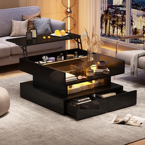 Höhenverstellbarer Kaffeetisch mit Verstecktem Stauraum und 2 Schubladen,Sofatisch mit LED-Leuchten,Hochglanz-Wohnzimmer-Beistelltisch,Wohnzimmertisch aus gehärtetem Glas,80*80*45cm (Schwarz) von Kebnor