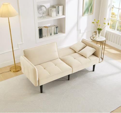 Kebnor 2-in-1 Verstellbares Schlafsofa – Zweisitzer mit Samtbezug, klappbaren Armlehnen & Schlaffunktion,ideal für kleine Räume (Beige) von Kebnor