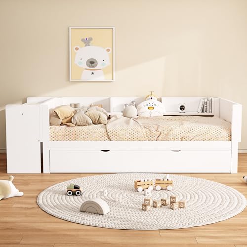 Kebnor 90 * 200cm, Flachbett, mit ausziehbarem Bett, mit Schreibtisch, DREI Regale an der Seite des Bettes (Weiß) von Kebnor
